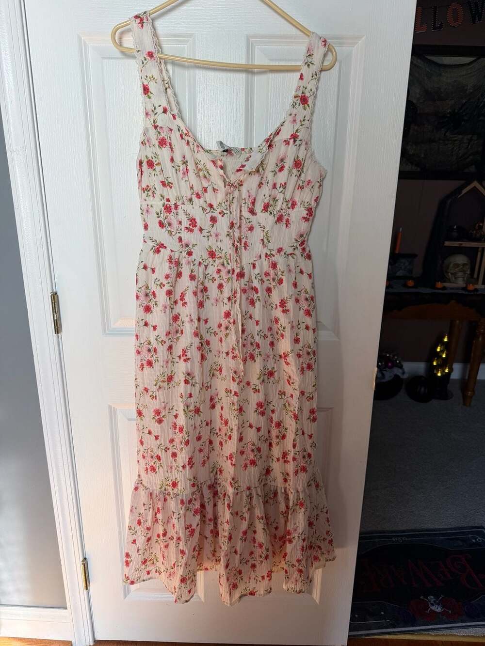 Band of the Free Cream Ditsy Floral Corset Tiered Midi Dress